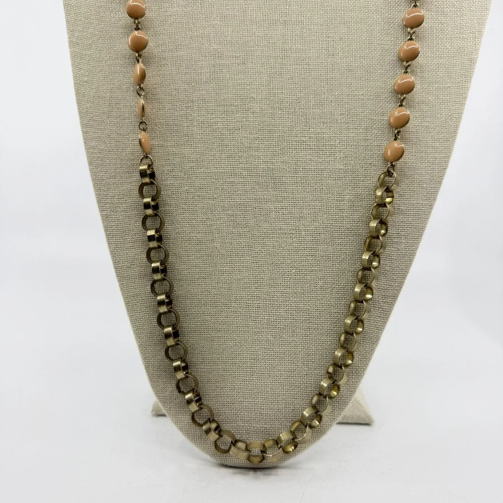 Antique Gold Tone Peach Enamel Rhinestone Long Chain Necklace Boho Statement